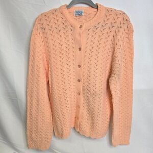 Wintuk Acrylic Open Knit Cardigan Winter Cozy Pastel Salmon Color Large‎ Vintage